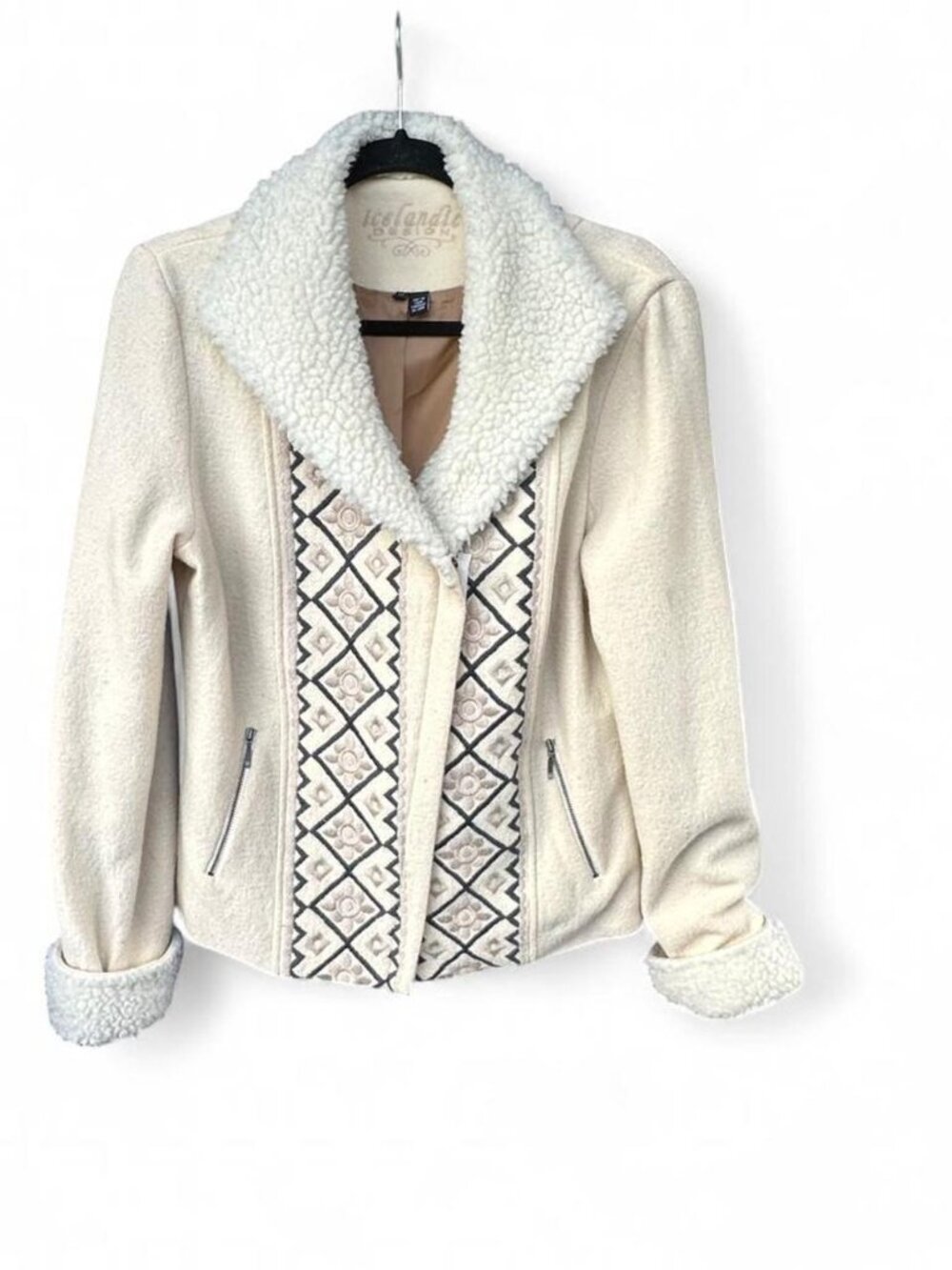 Icelandic Design Cream Embroidered Wool Sherpa Zip Up Jacket Size Medium